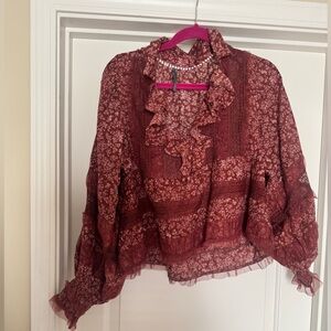 Anthropologie Burgundy Floral Ruffle Blouse